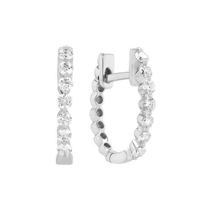 Round Diamond Huggie Hoop Earrings in White Gold, 14 mm, 0.29 cttw