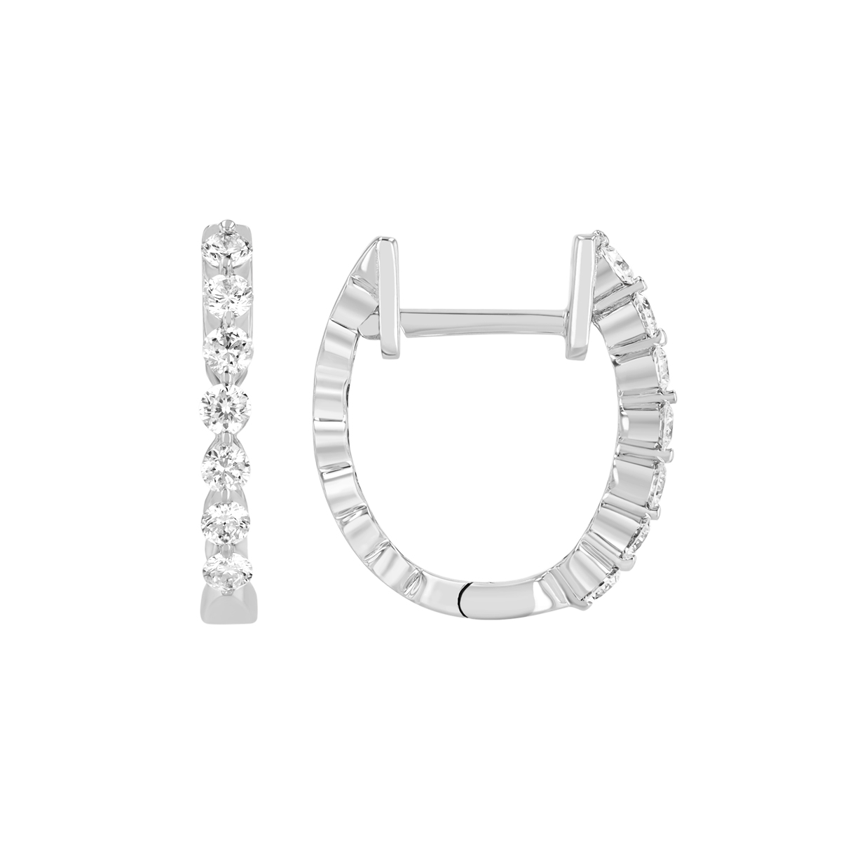 Round Diamond Huggie Hoop Earrings in White Gold, 14 mm, 0.29 cttw