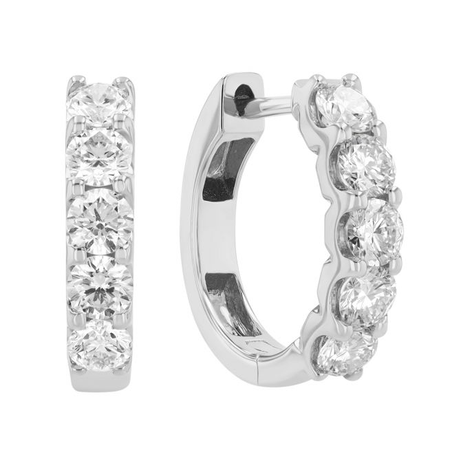 Round Diamond Huggie Hoop Earrings in White Gold, 16 mm, 1.12 cttw