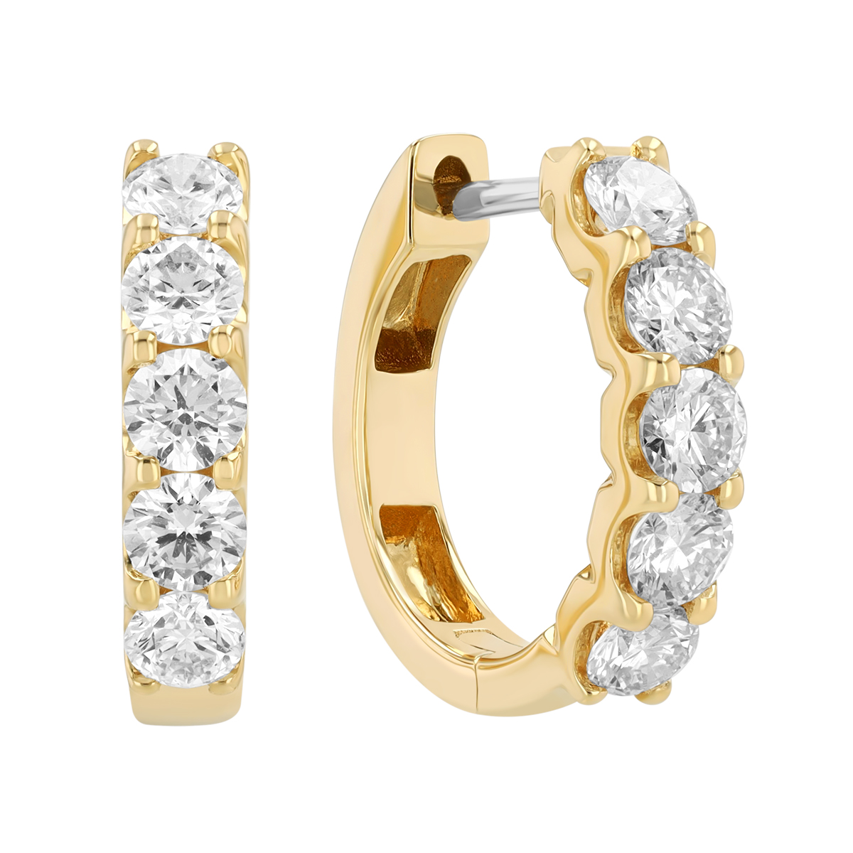 Round Diamond Huggie Hoop Earrings in Yellow Gold, 16 mm, 1.12 cttw