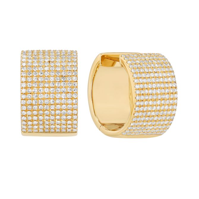 Diamond Pavé Wide Huggie Hoop Earrings in Yellow Gold