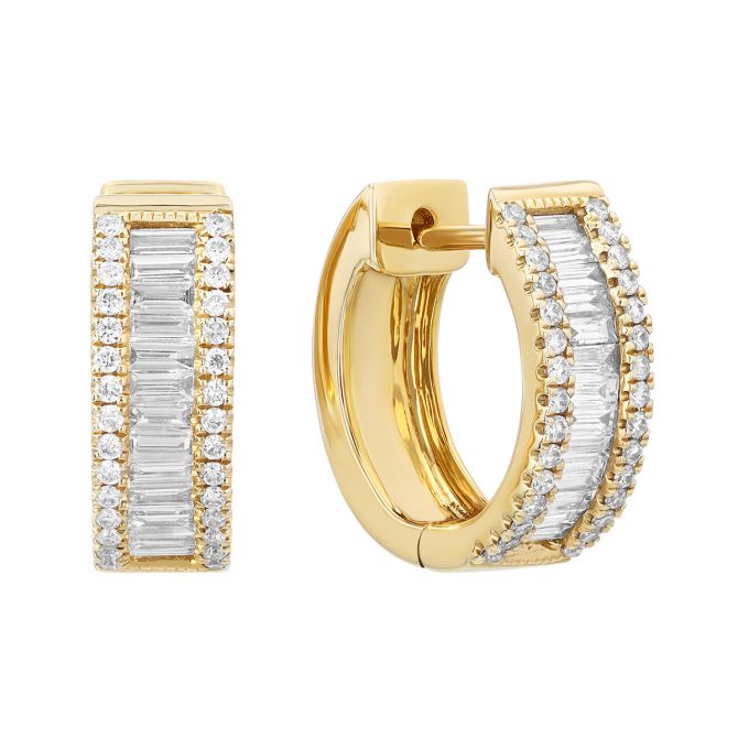 Baguette & Round Diamond Huggie Hoop Earrings in Yellow Gold