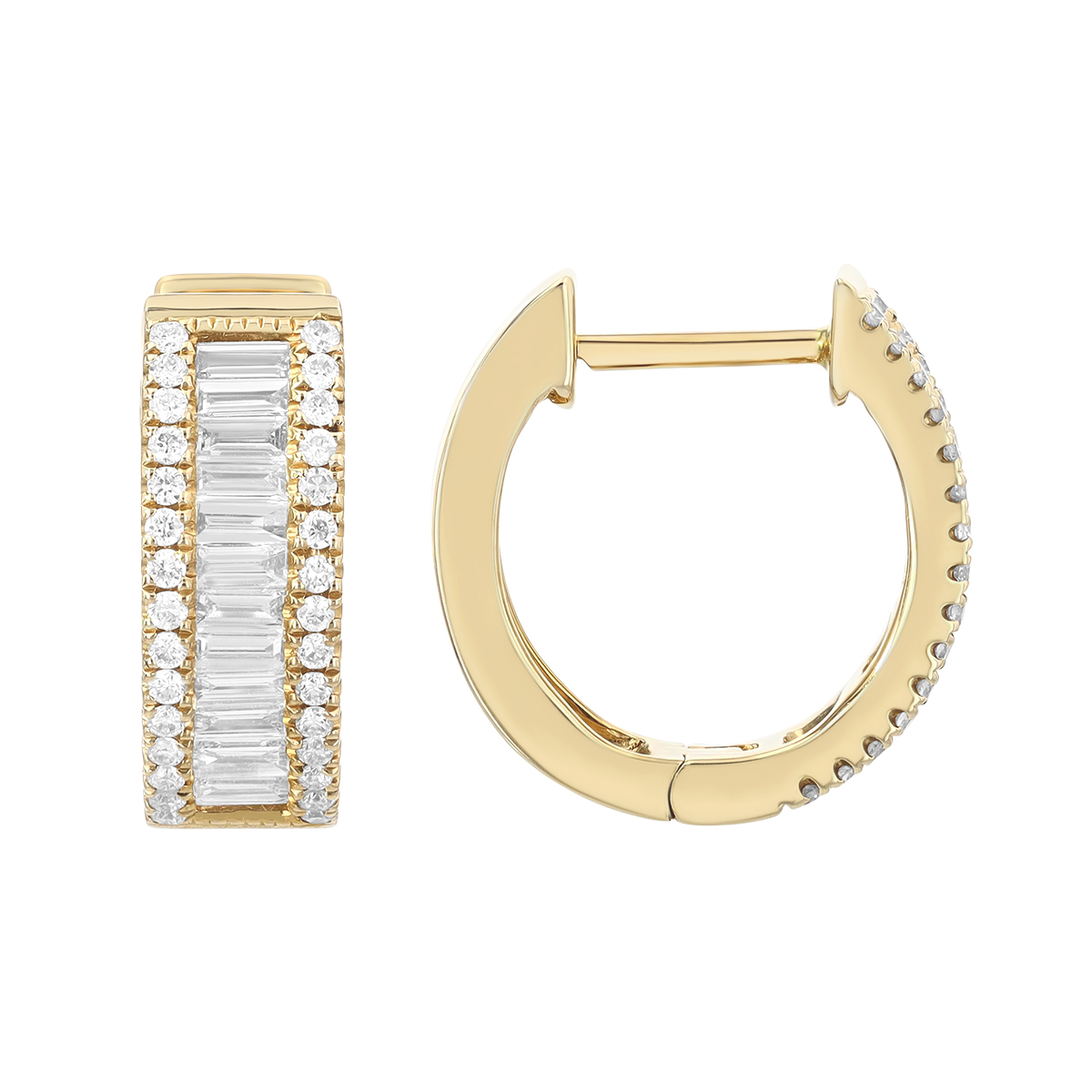 Baguette & Round Diamond Huggie Hoop Earrings in Yellow Gold