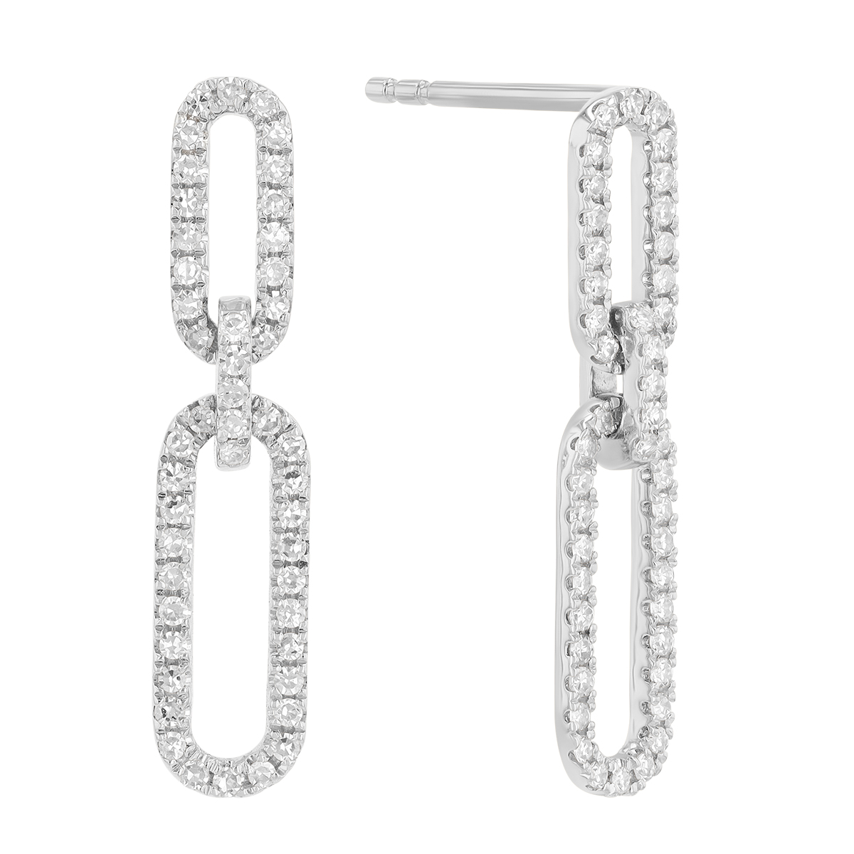 Diamond Paperclip Link Dangle Earrings in White Gold