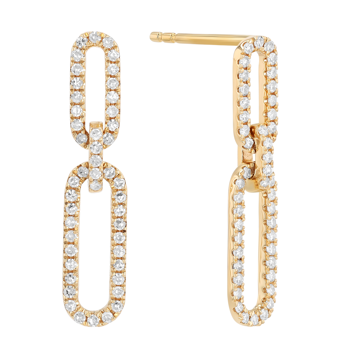 Diamond Paperclip Link Dangle Earrings in Yellow Gold