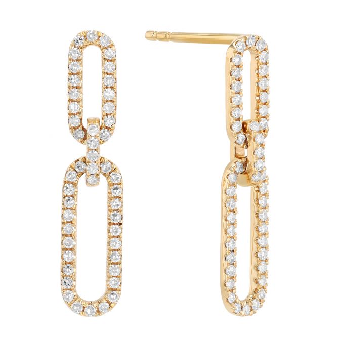 Diamond Paperclip Link Dangle Earrings in Yellow Gold