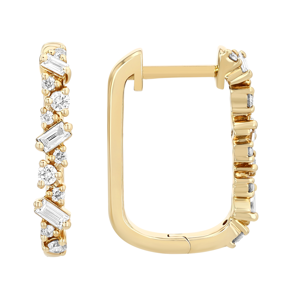Mixed Shape Diamond Square Hoop Earrings in Yellow Gold