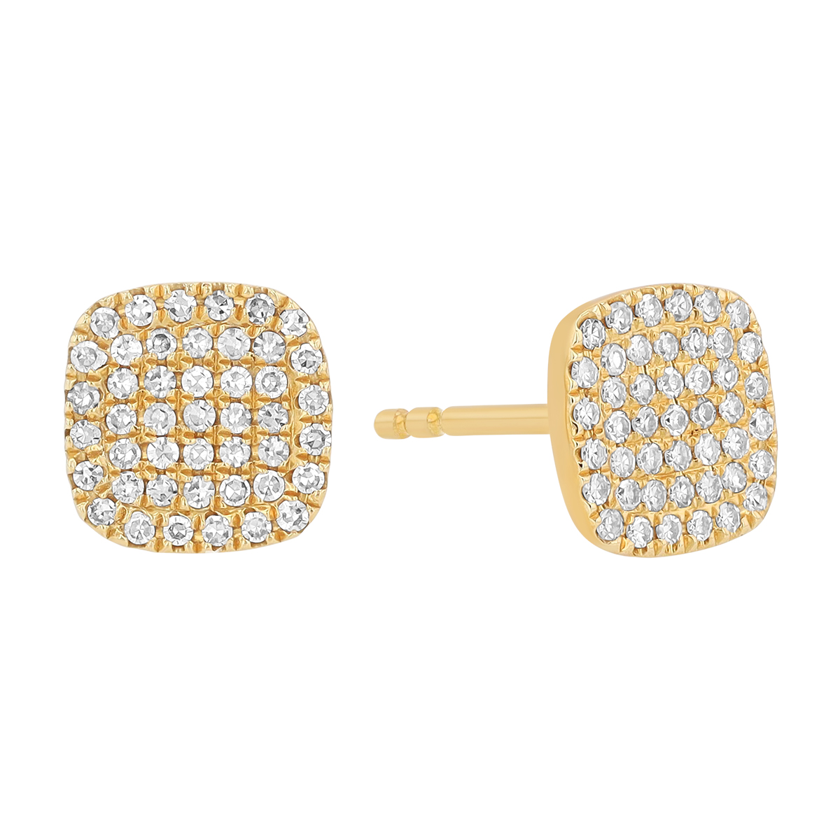 Dainty Diamond Pavé Cushion Shape Stud Earrings in Yellow Gold