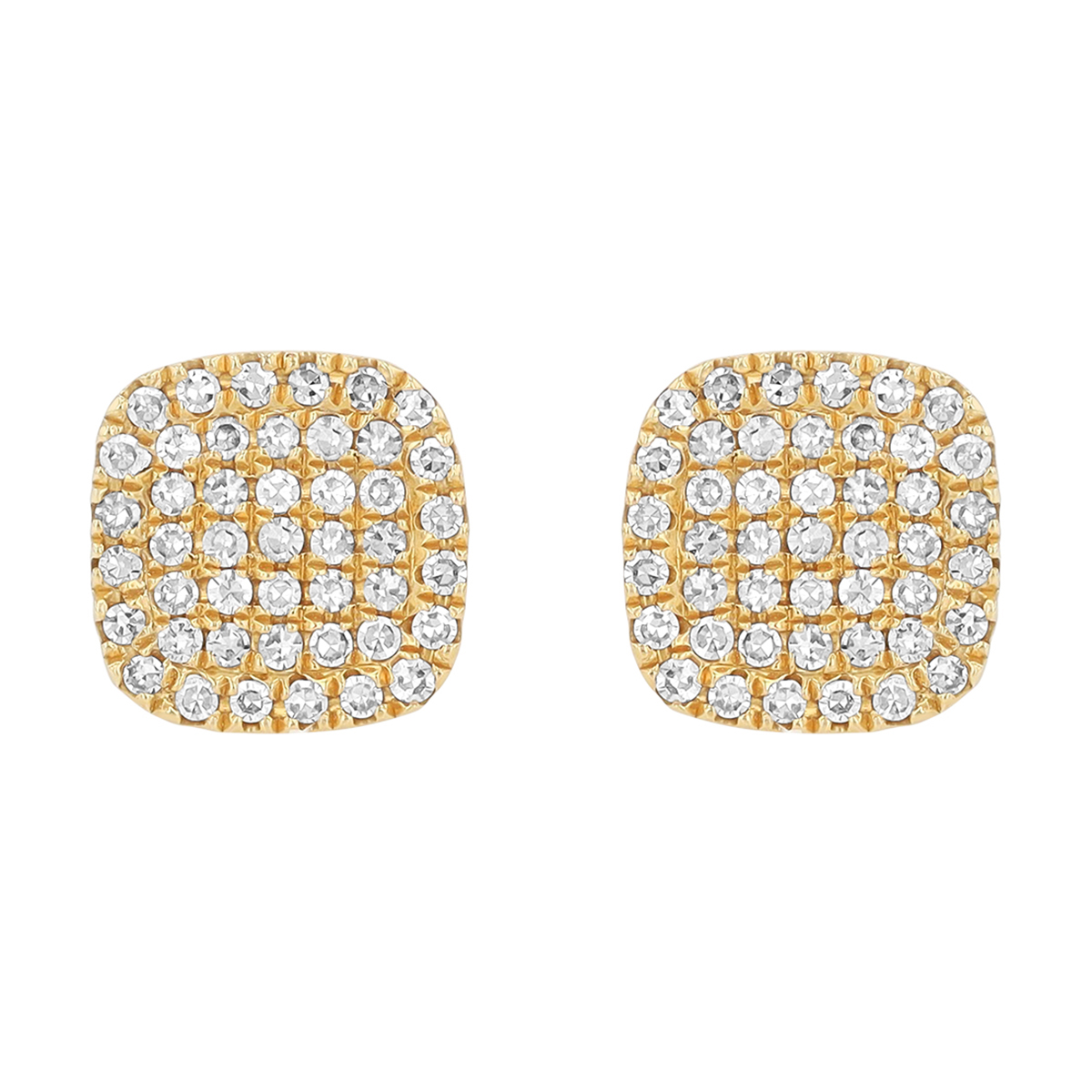 Dainty Diamond Pavé Cushion Shape Stud Earrings in Yellow Gold