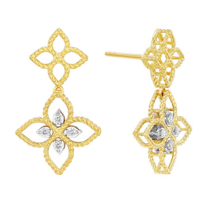 Roberto Coin Principessa Diamond Double Flower Dangle Earrings in Two Tone