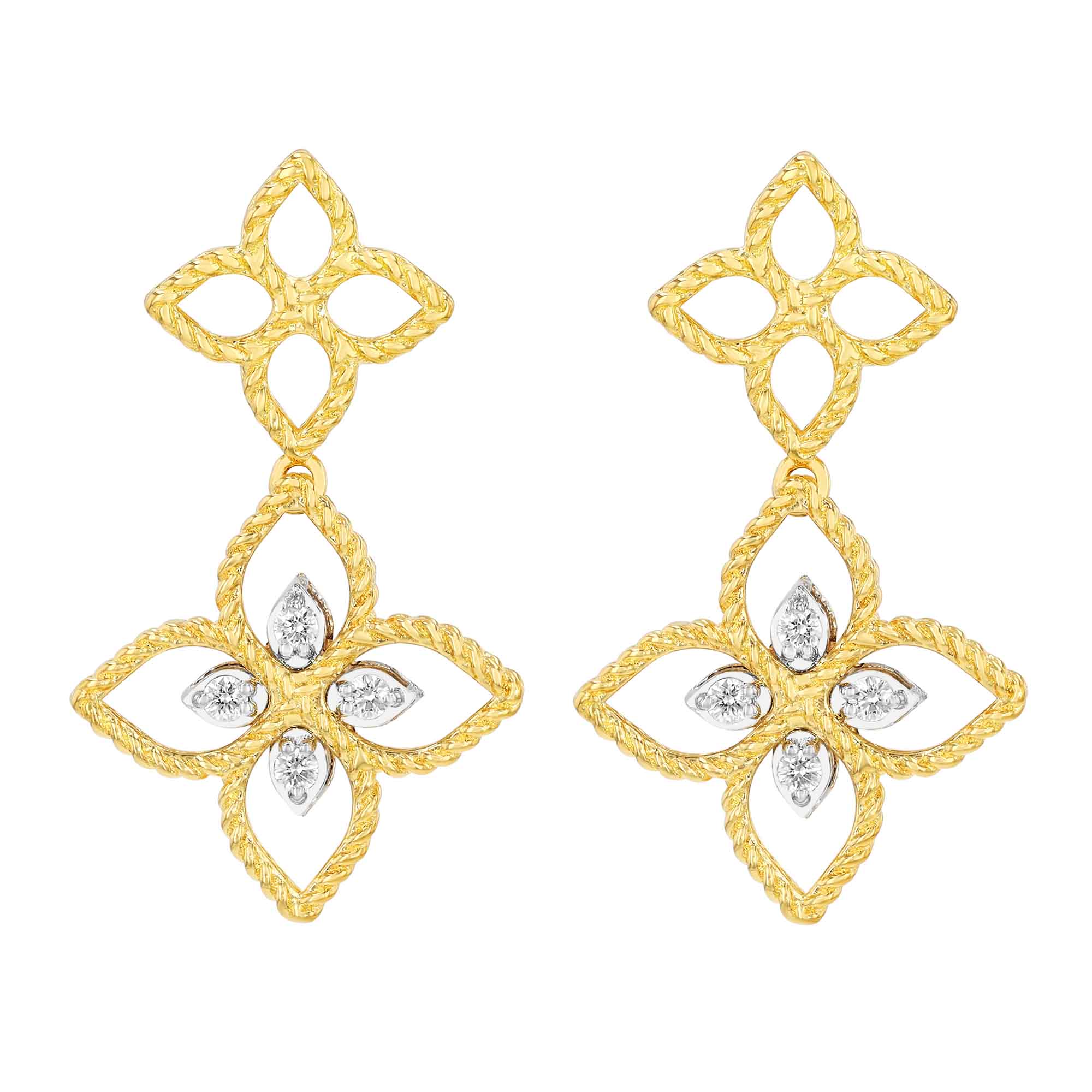 Roberto Coin Principessa Diamond Double Flower Dangle Earrings in Two Tone