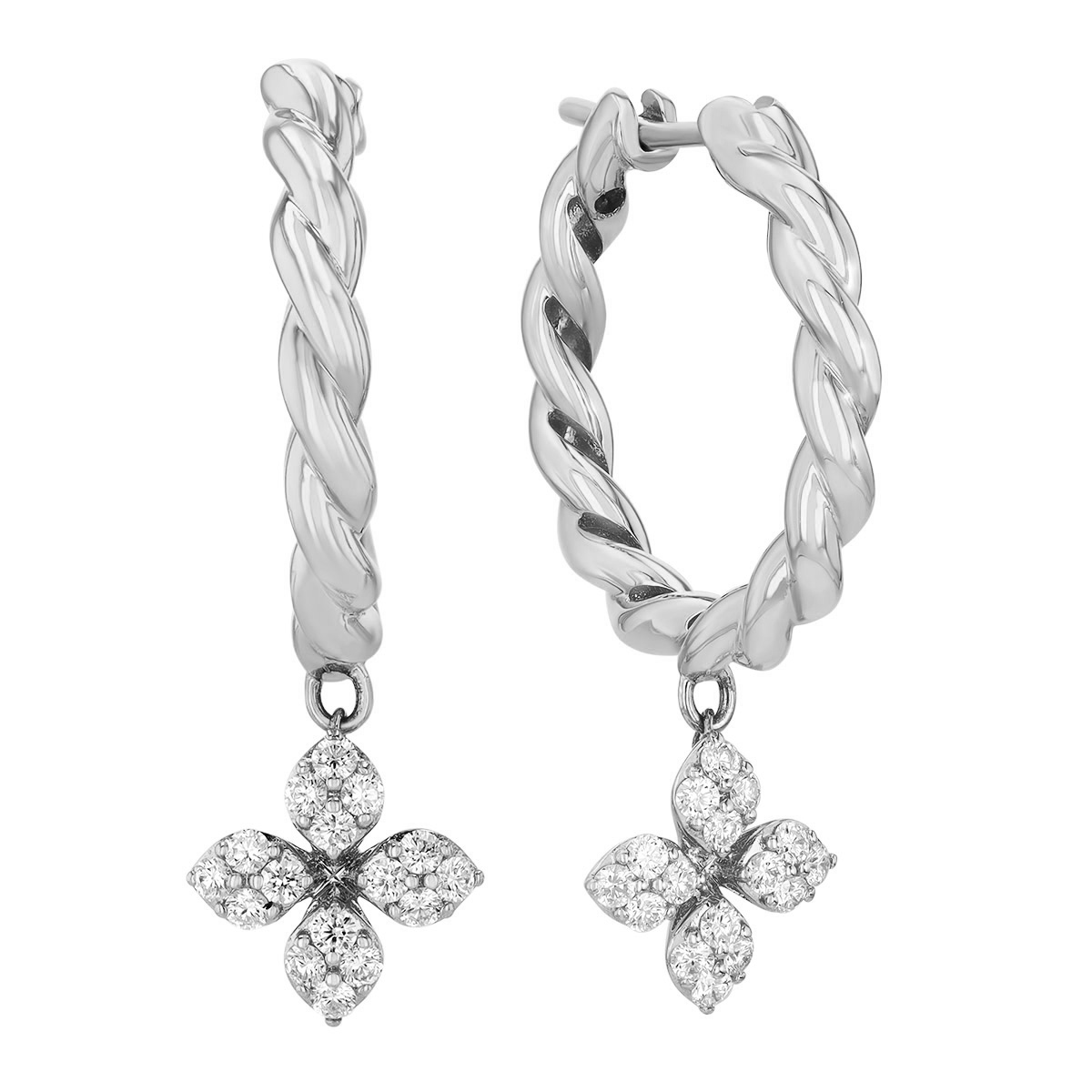 Roberto Coin Love in Verona Diamond Flower Twisted Hoop Earrings in White Gold