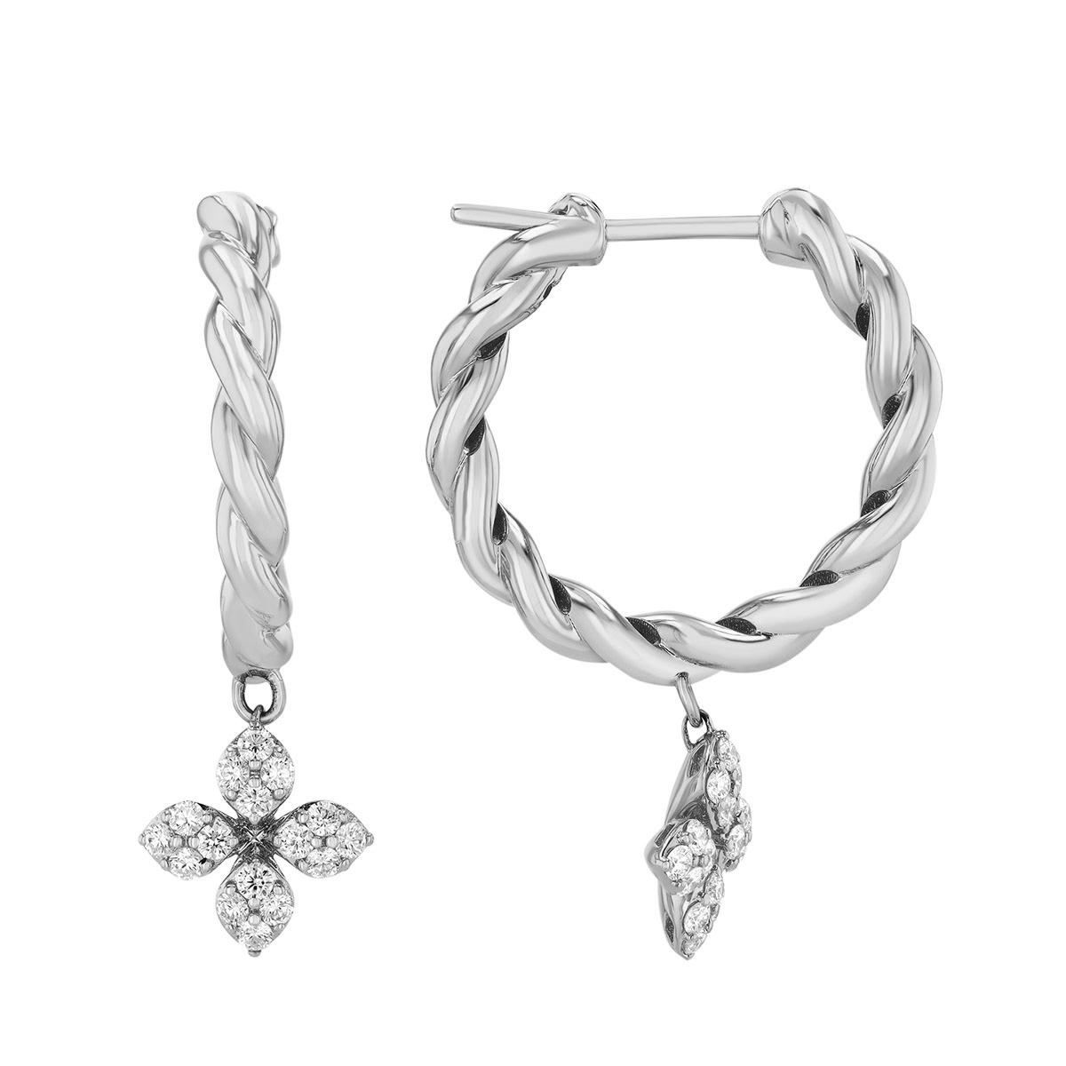 Roberto Coin Love in Verona Diamond Flower Twisted Hoop Earrings in White Gold