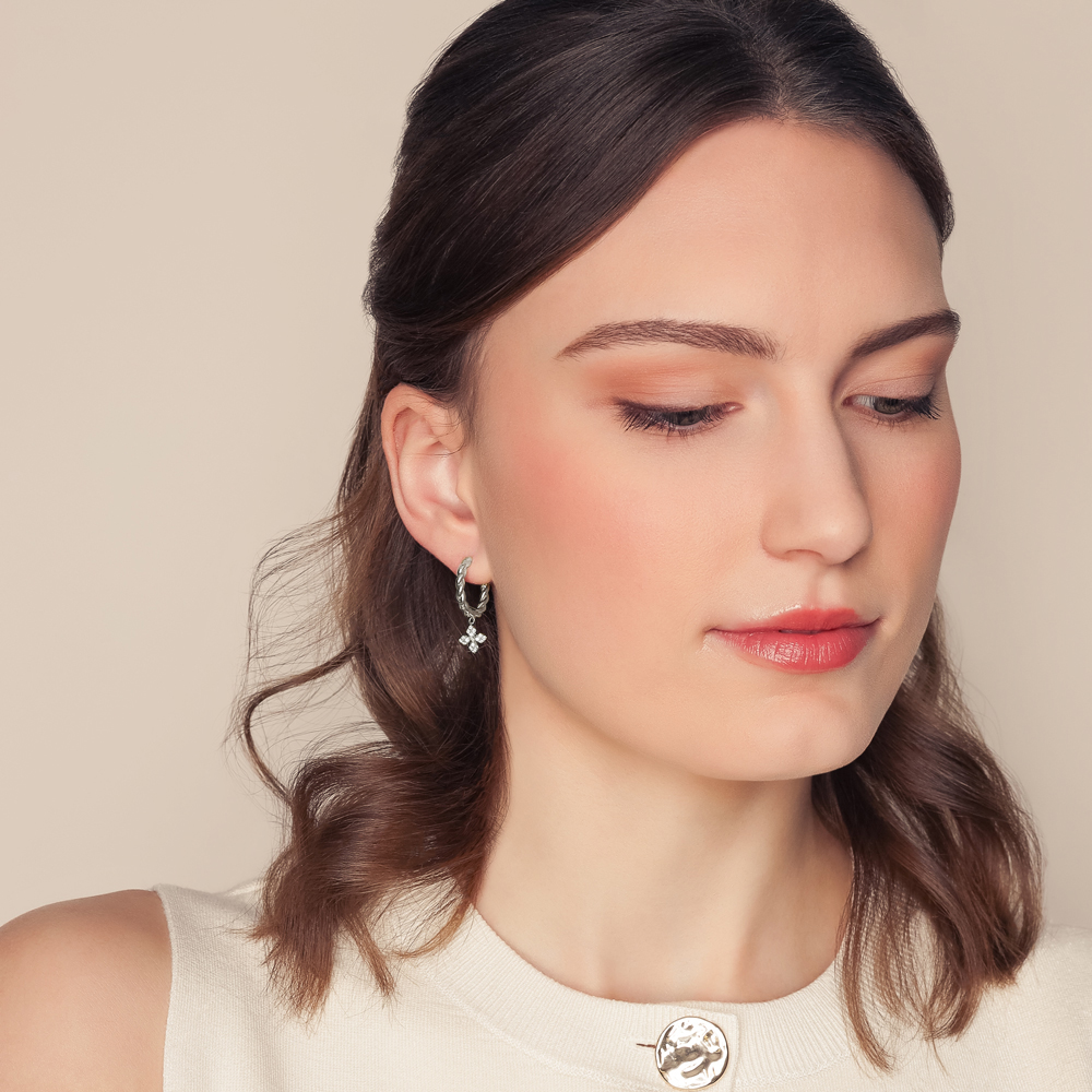 Roberto Coin Love in Verona Diamond Flower Twisted Hoop Earrings in White Gold