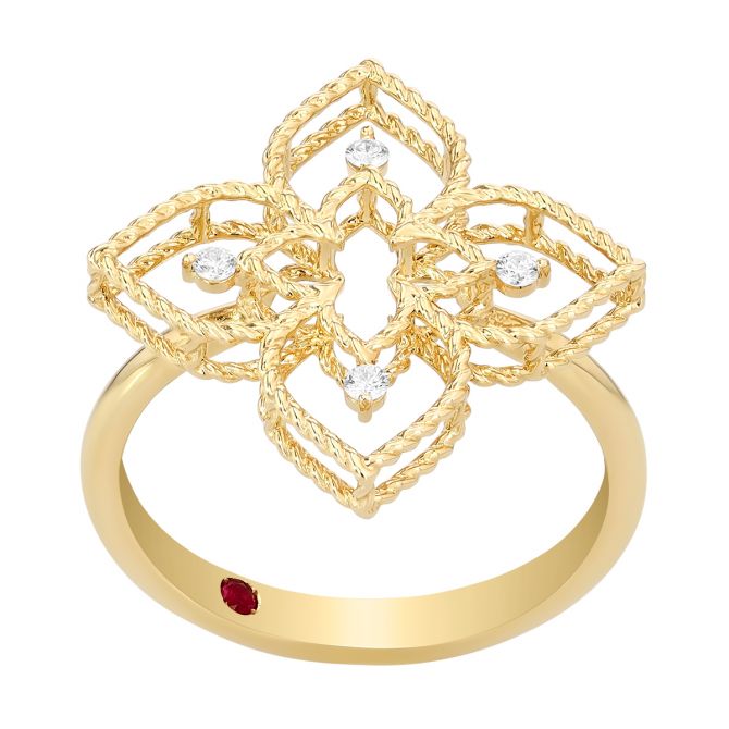 Roberto Coin Principessa Open Flower Ring with Diamond Accents in Yellow Gold, Size 6.5