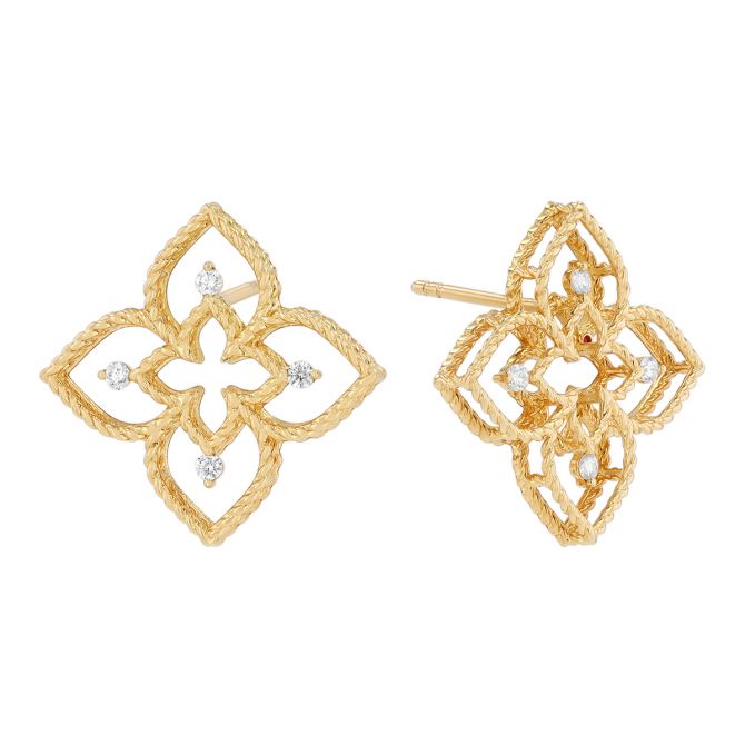 Roberto Coin Principessa Diamond Open Flower Stud Earrings in Yellow Gold