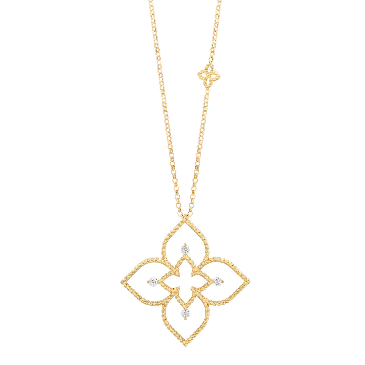 Roberto Coin Principessa Yellow Gold Open Flower Pendant with Diamonds, 17
