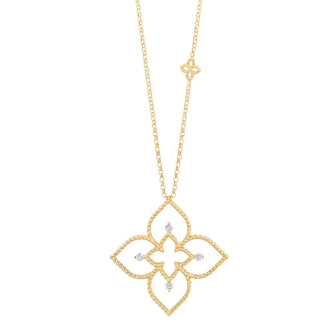 Roberto Coin Principessa Yellow Gold Open Flower Pendant with Diamonds, 17"