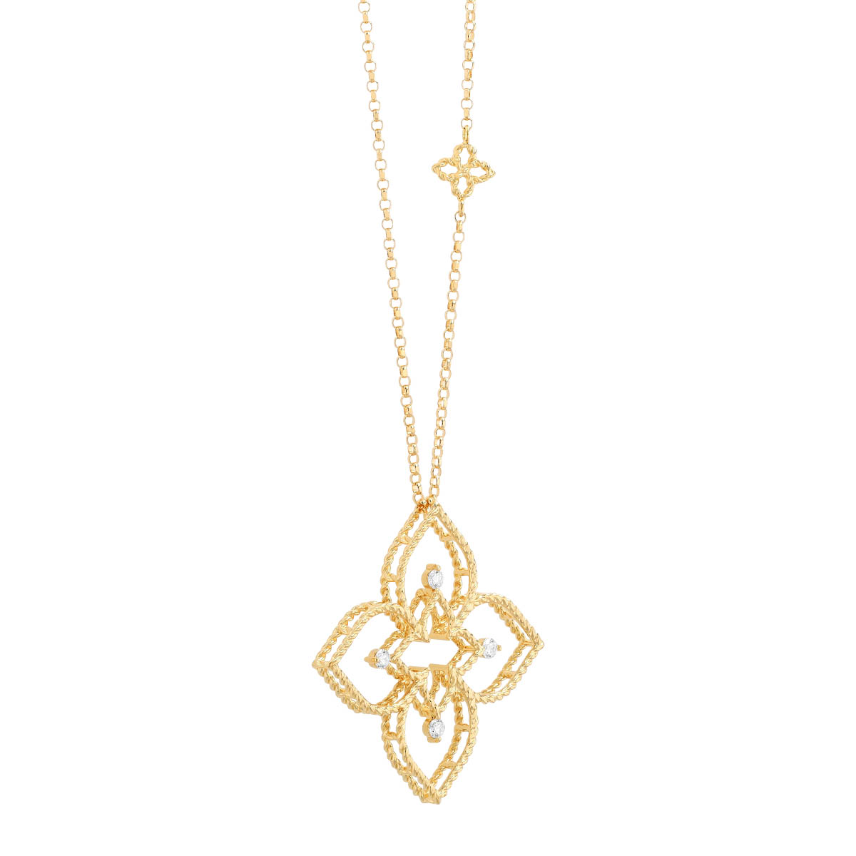 Roberto Coin Principessa Yellow Gold Open Flower Pendant with Diamonds, 17