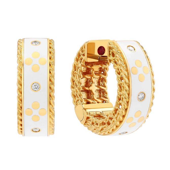 Roberto Coin Venetian Princess White Enamel & Diamond Station Hoop Earrings in Yellow Gold