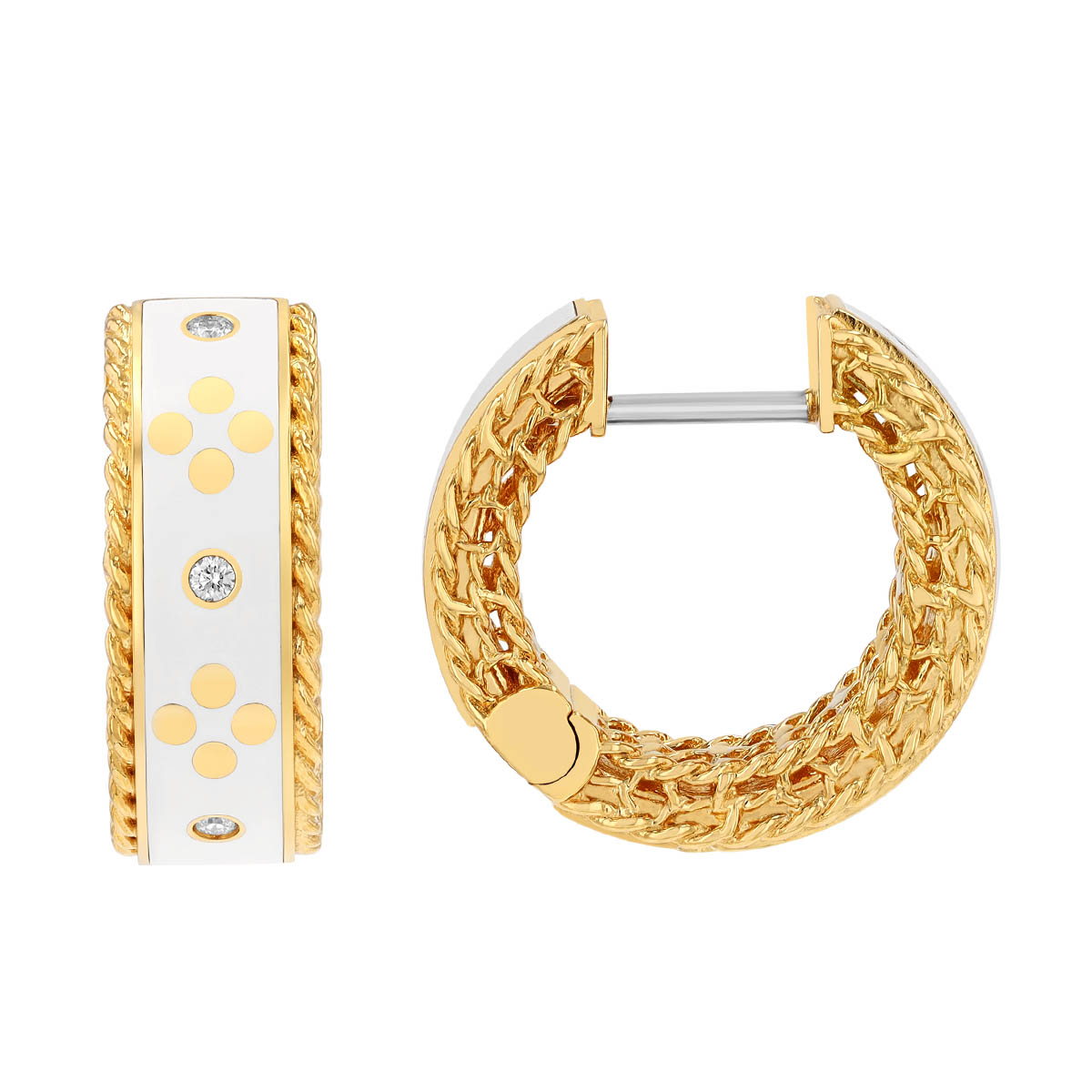 Roberto Coin Venetian Princess White Enamel & Diamond Station Hoop Earrings in Yellow Gold