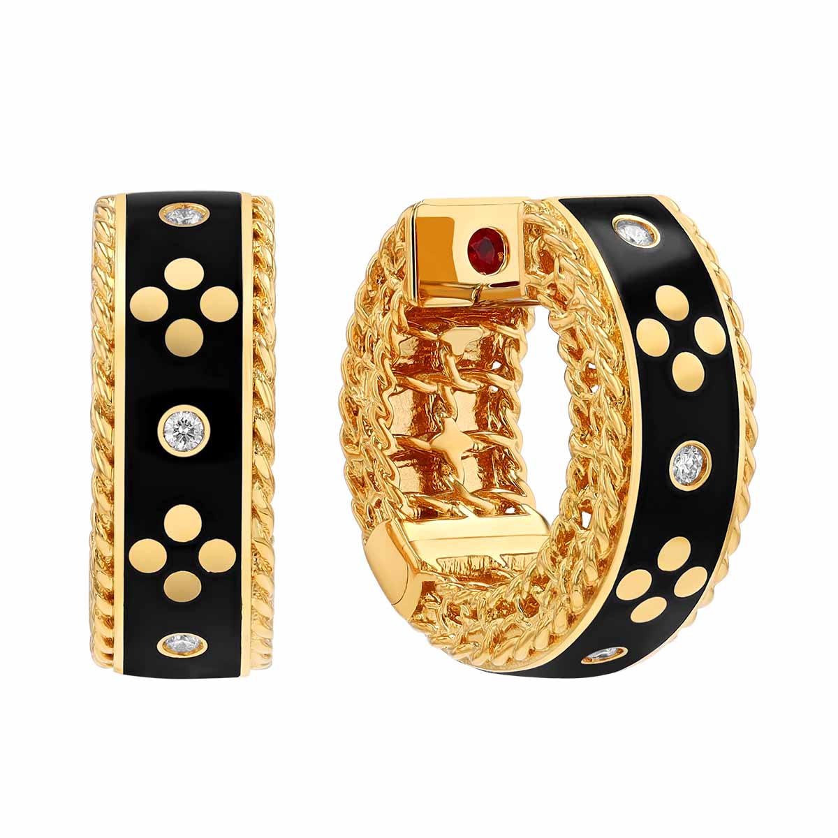 Roberto Coin Venetian Princess Black Enamel & Diamond Station Hoop Earrings in Yellow Gold