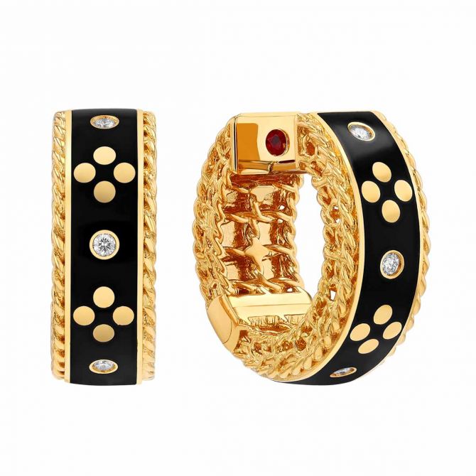 Roberto Coin Venetian Princess Black Enamel & Diamond Station Hoop Earrings in Yellow Gold