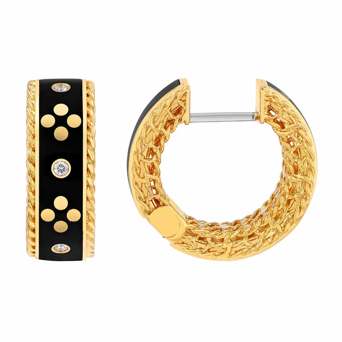 Roberto Coin Venetian Princess Black Enamel & Diamond Station Hoop Earrings in Yellow Gold