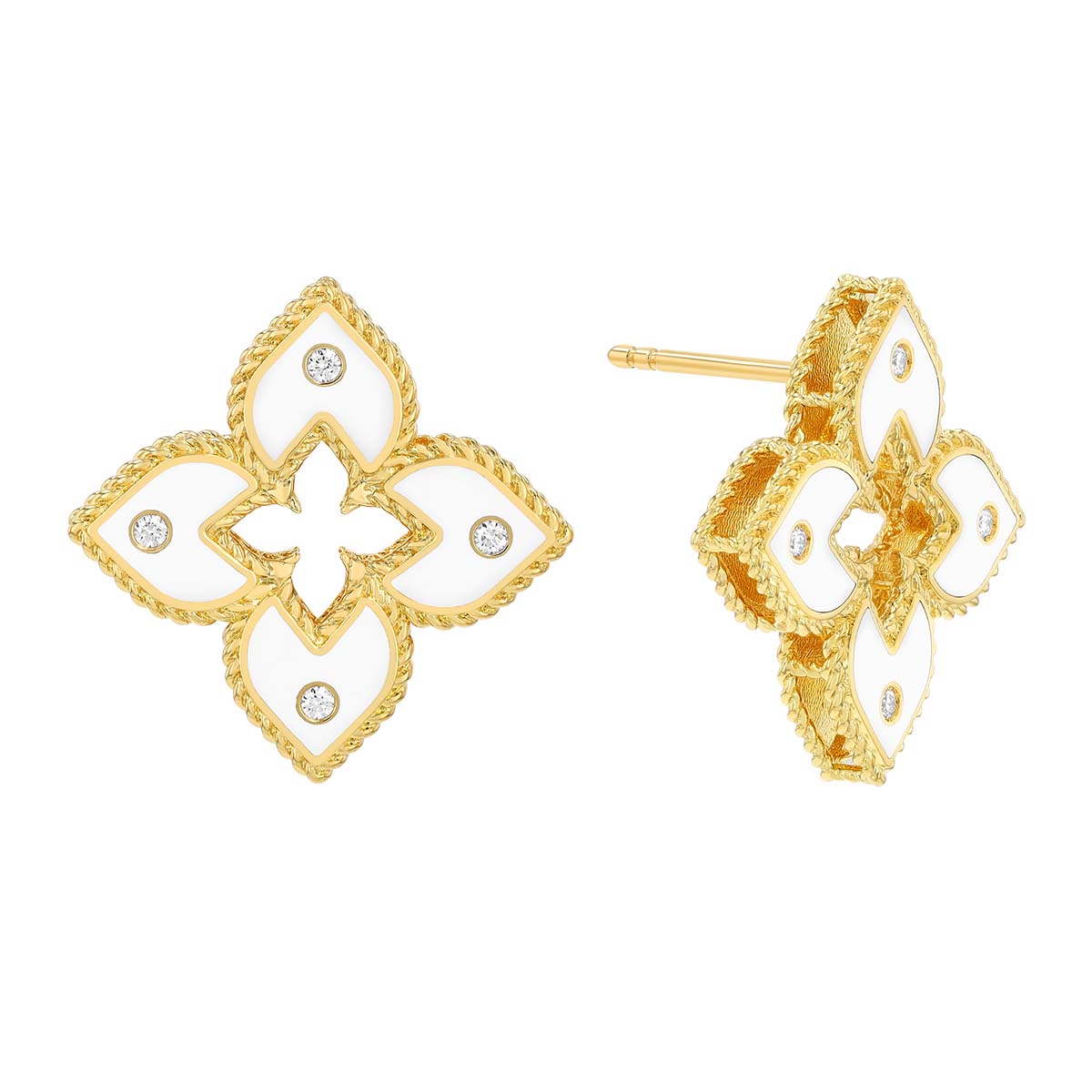 Roberto Coin Venetian Princess White Enamel & Diamond Flower Drop Earrings in Yellow Gold