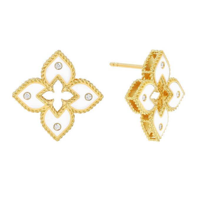 Roberto Coin Venetian Princess White Enamel & Diamond Flower Drop Earrings in Yellow Gold