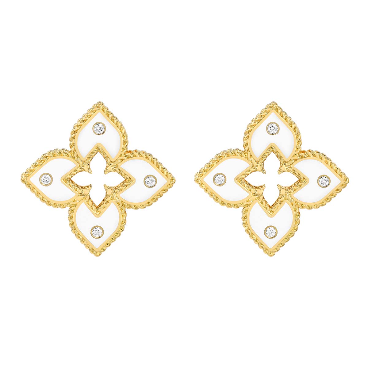 Roberto Coin Venetian Princess White Enamel & Diamond Flower Drop Earrings in Yellow Gold