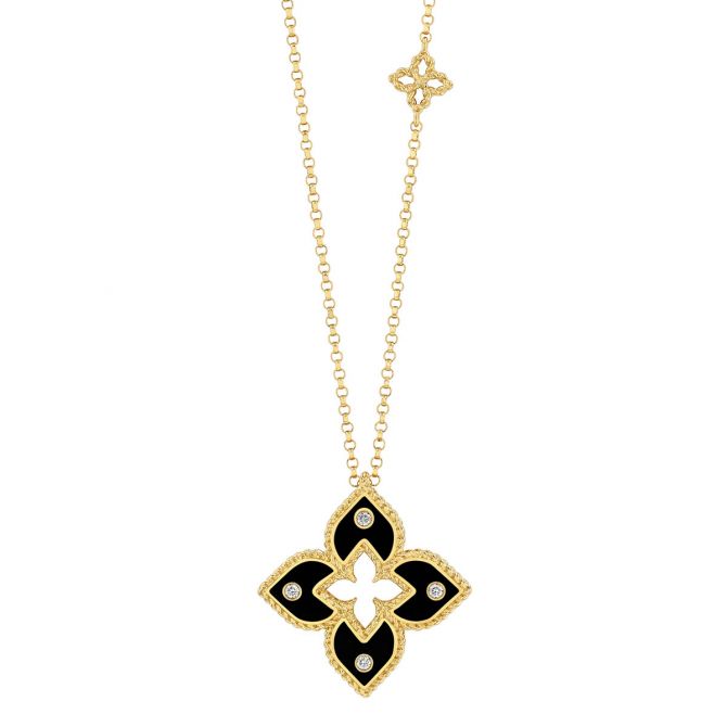 Roberto Coin Venetian Princess Black Enamel & Diamond  Small Flower Pendant in Yellow Gold, 18"