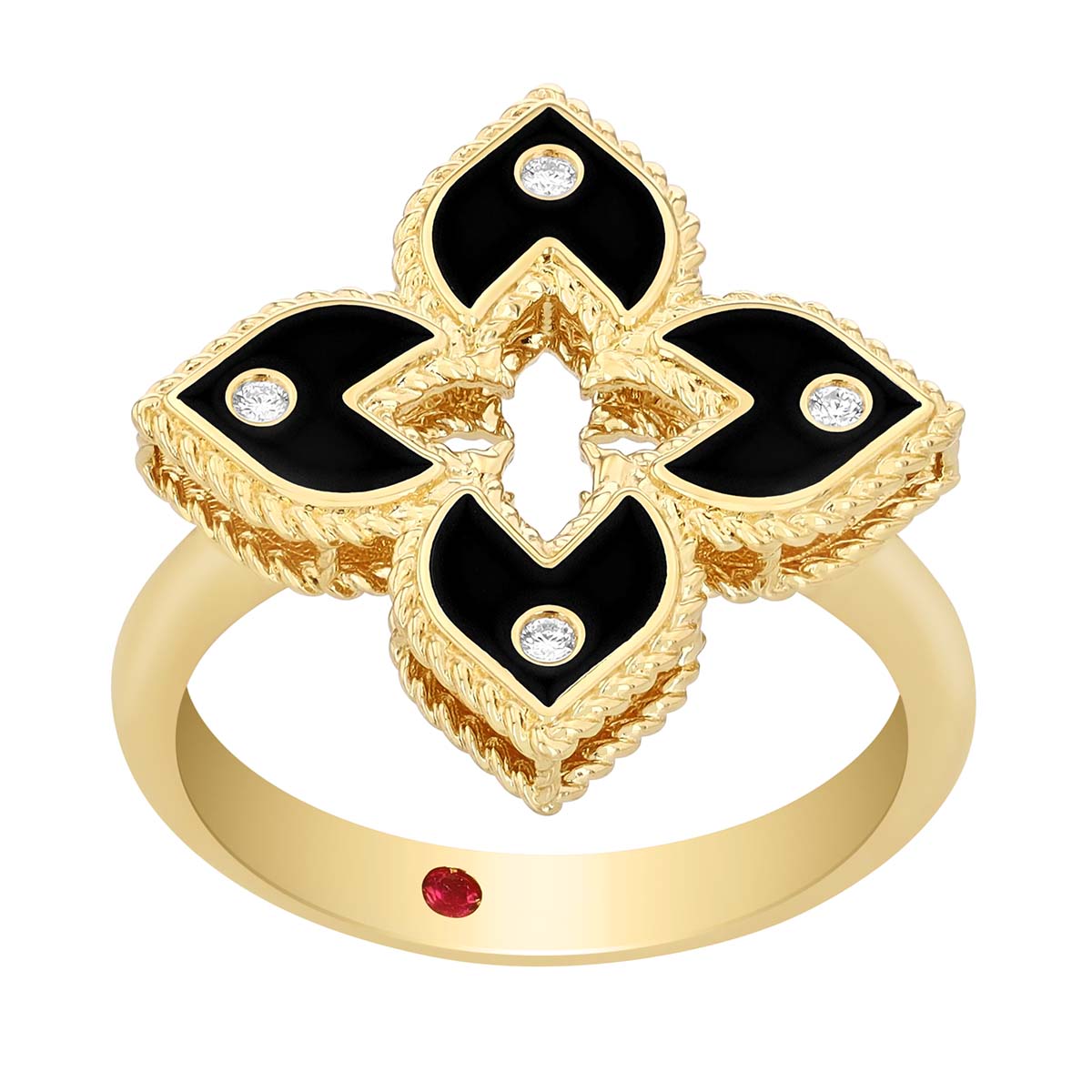 Roberto Coin Venetian Princess Black Enamel & Diamond Flower Ring in Yellow Gold, Size 6.5