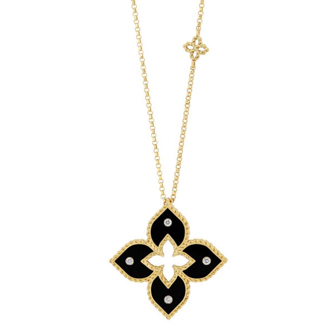 Roberto Coin Venetian Princess Black Enamel & Diamond Medium Flower Pendant in Yellow Gold, 18"