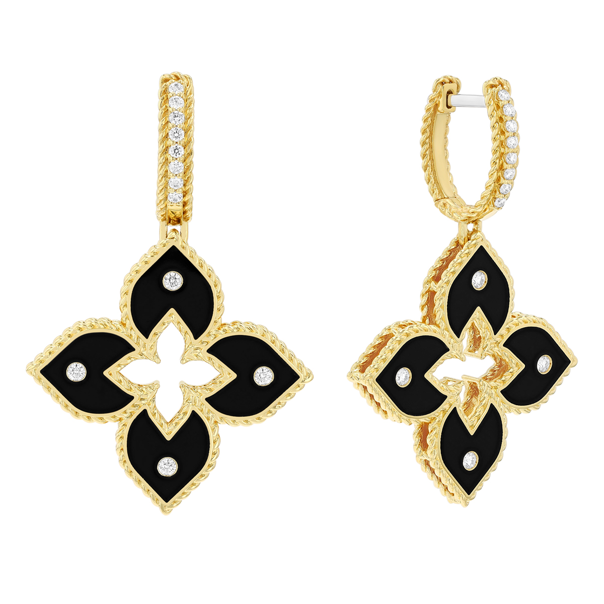 Roberto Coin Venetian Princess Black Enamel & Diamond Flower Dangle Hoop Earrings in Yellow Gold