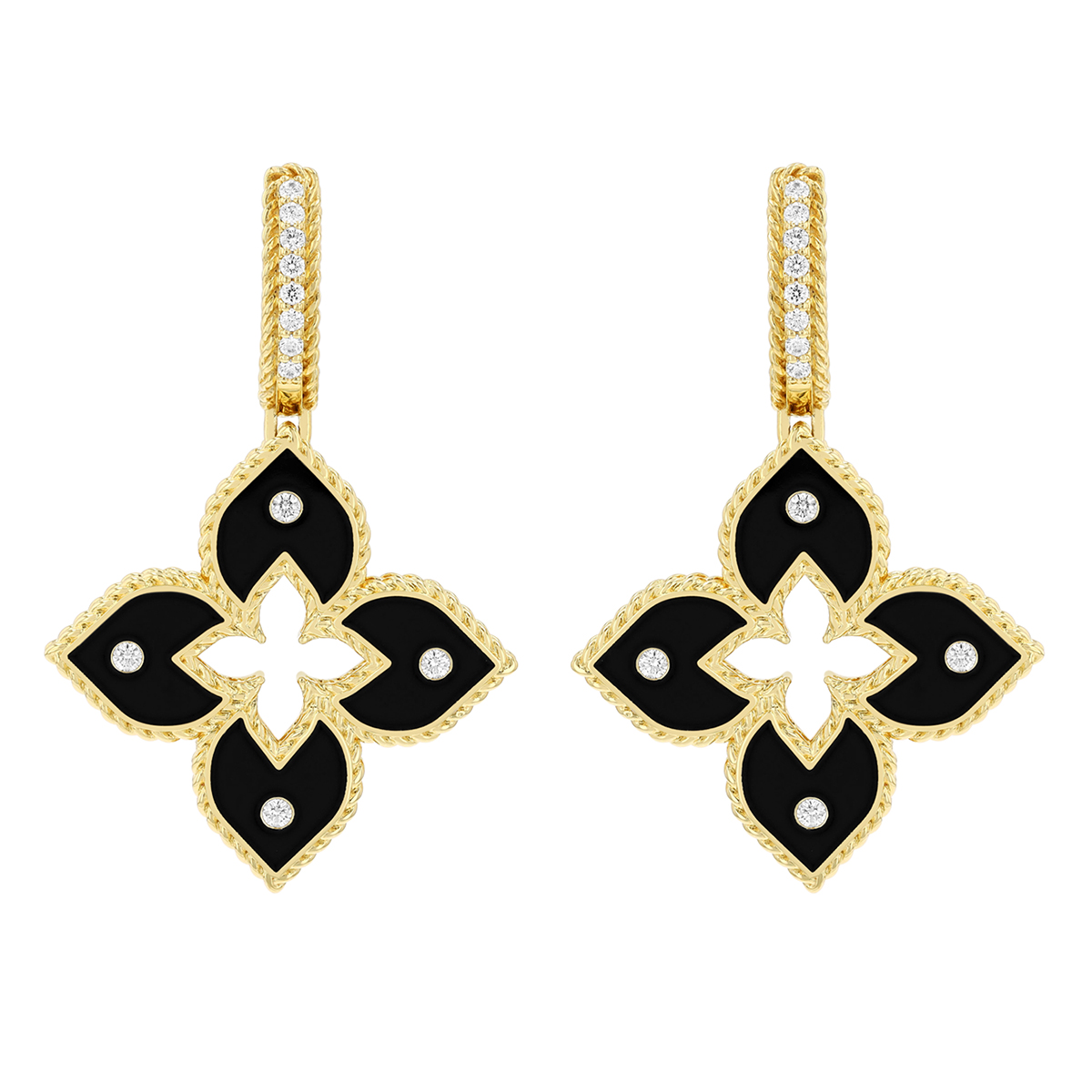 Roberto Coin Venetian Princess Black Enamel & Diamond Flower Dangle Hoop Earrings in Yellow Gold