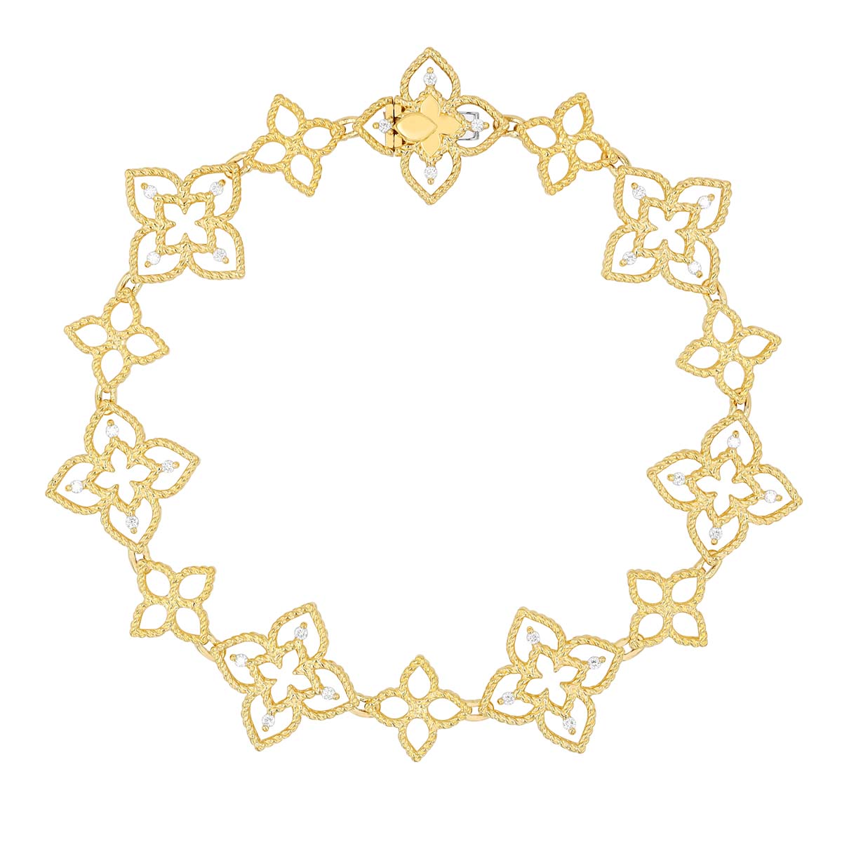 Roberto Coin Principessa Yellow Gold Open Flower Pattern Bracelet with Diamonds, 7
