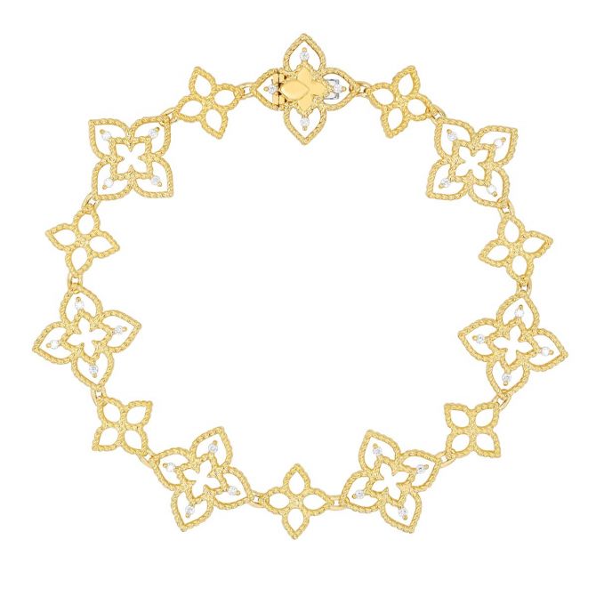 Roberto Coin Principessa Yellow Gold Open Flower Pattern Bracelet with Diamonds, 7"