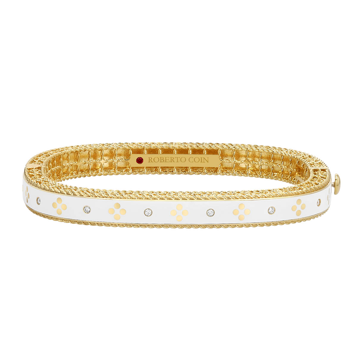 Roberto Coin Venetian Princess Diamond & White Enamel Bangle Bracelet in Yellow Gold