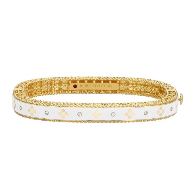 Roberto Coin Venetian Princess Diamond & White Enamel Bangle Bracelet in Yellow Gold