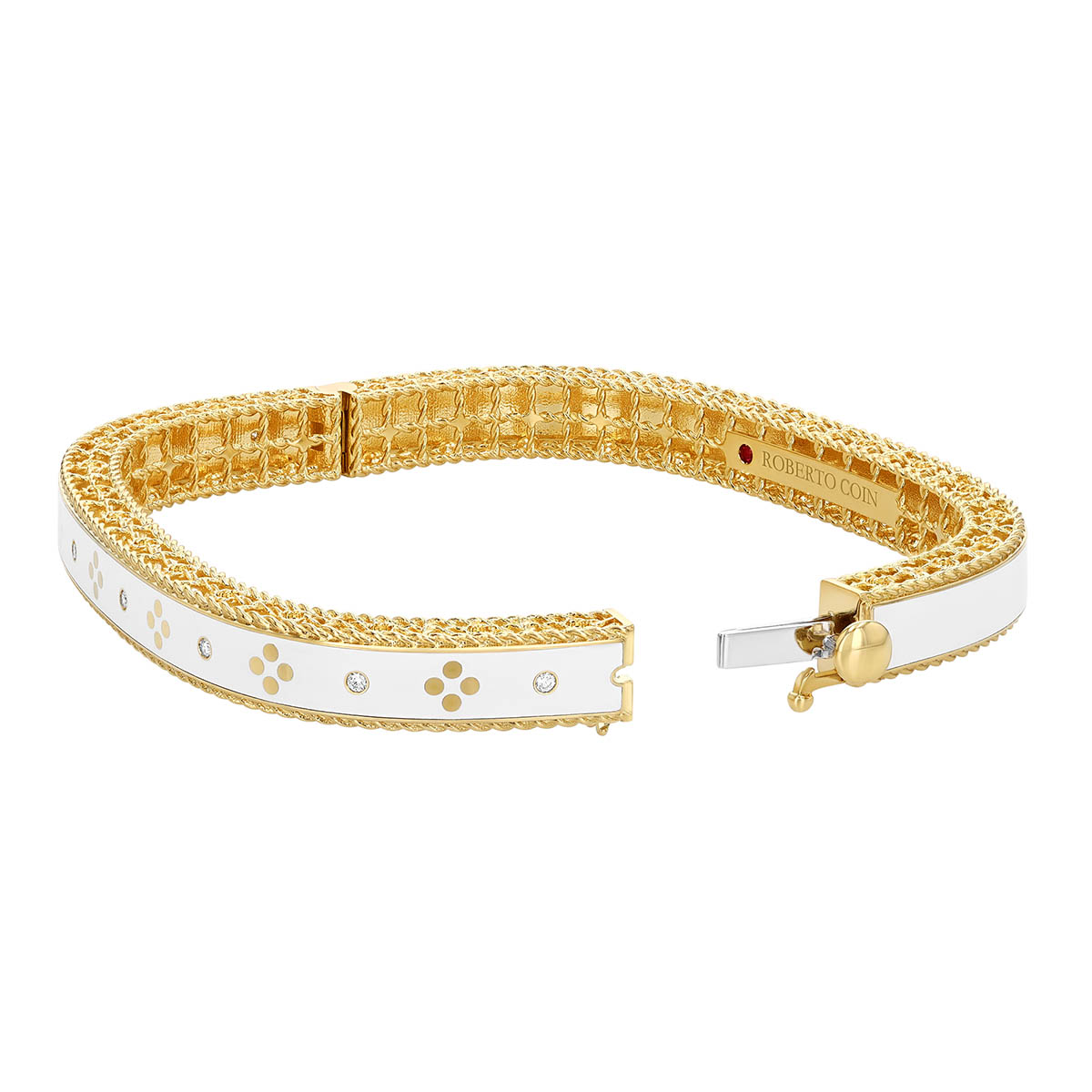 Roberto Coin Venetian Princess Diamond & White Enamel Bangle Bracelet in Yellow Gold