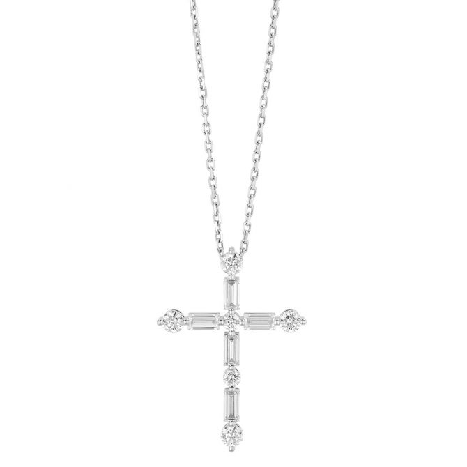 Roberto Coin Mixed Shape Diamond Cross Pendant in White Gold, 0.95 cttw