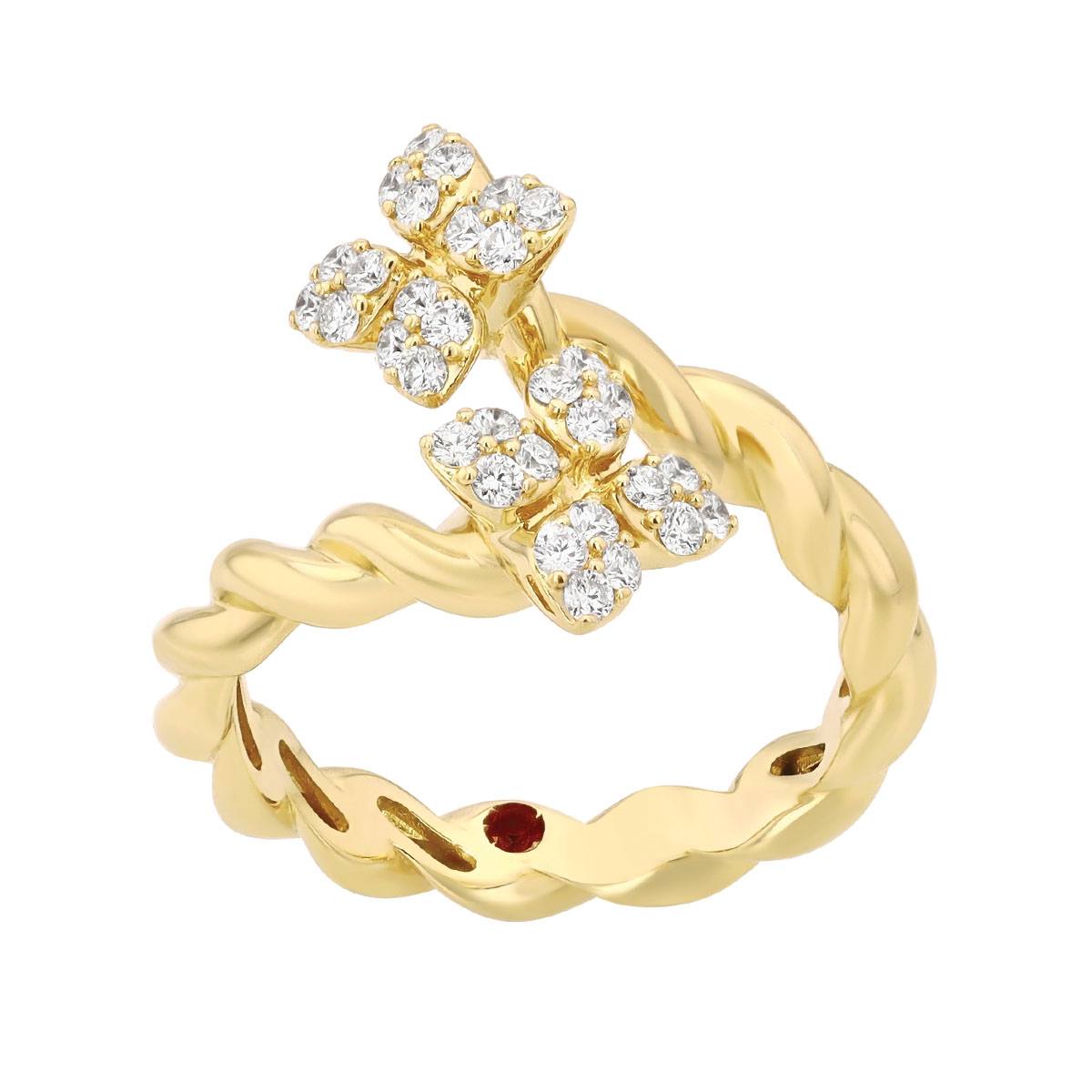 Roberto Coin Love in Verona Diamond Flower Duo Twisted Band Bypass Ring in Yellow Gold, Size 6.5