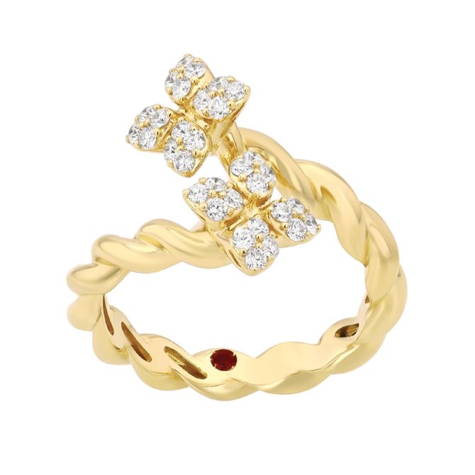 Roberto Coin Love in Verona Diamond Flower Duo Twisted Band Bypass Ring in Yellow Gold, Size 6.5