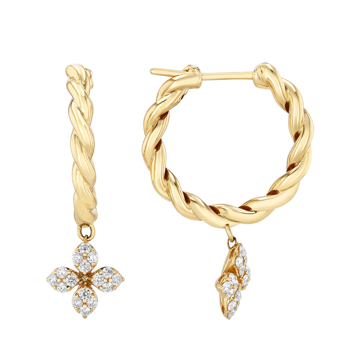 Roberto Coin Love in Verona Diamond Flower Dangle Twisted Hoop Earrings in Yellow Gold
