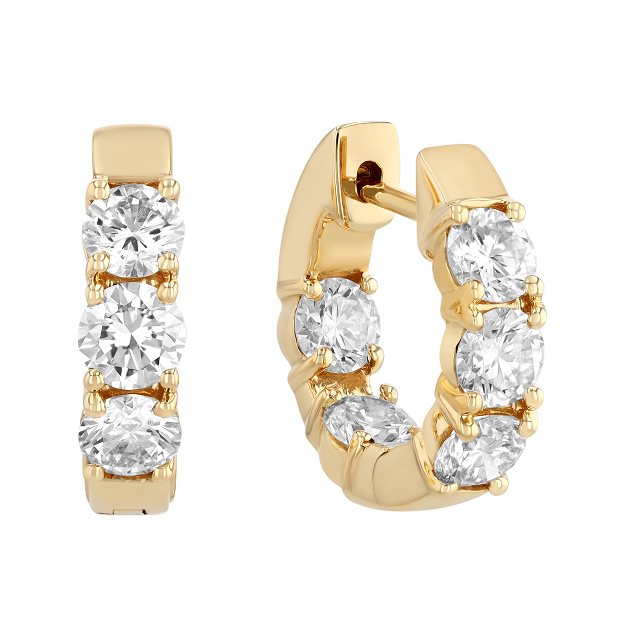 Round Diamond In & Out Huggie Hoop Earrings in Yellow Gold, 1.60 cttw