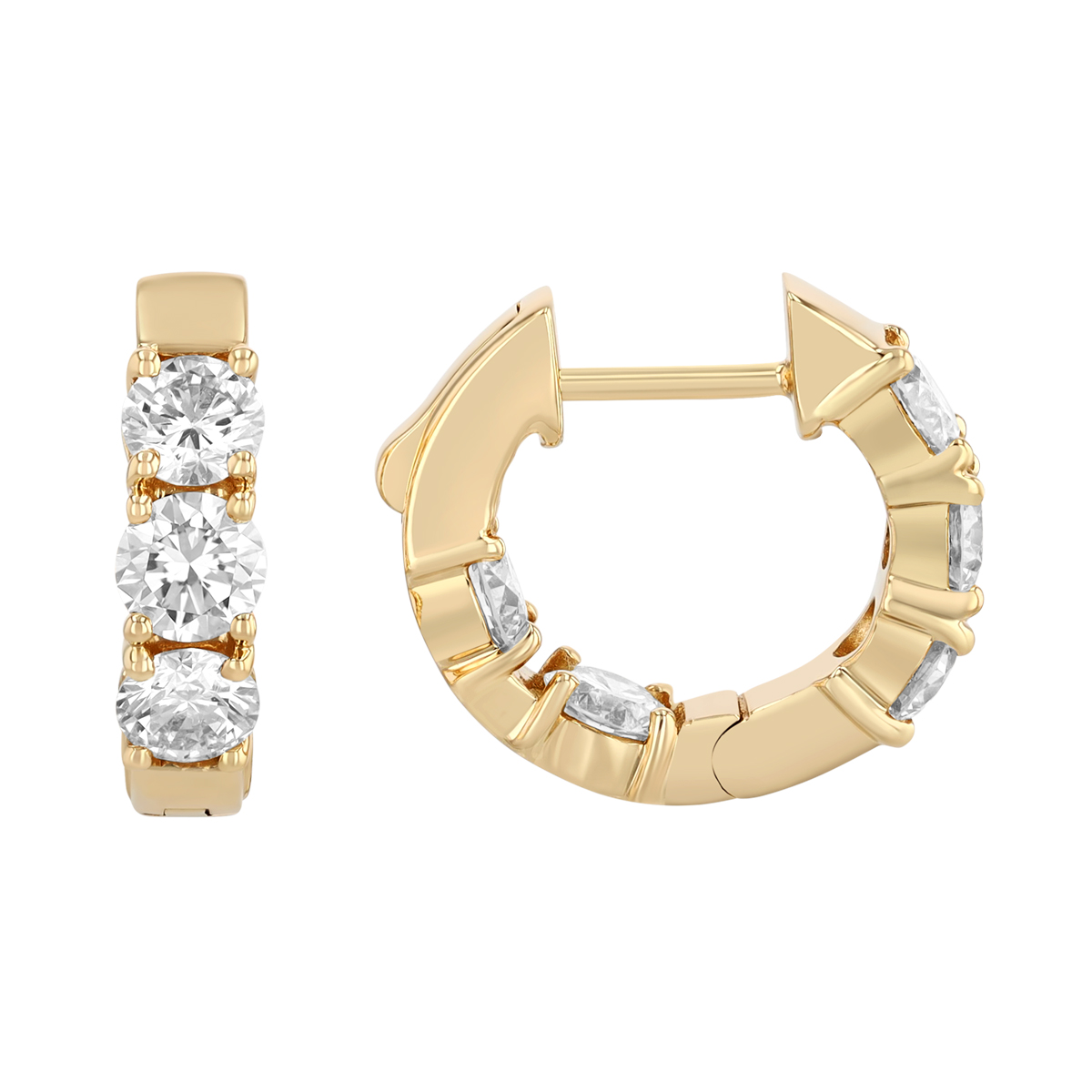 Round Diamond In & Out Huggie Hoop Earrings in Yellow Gold, 1.60 cttw