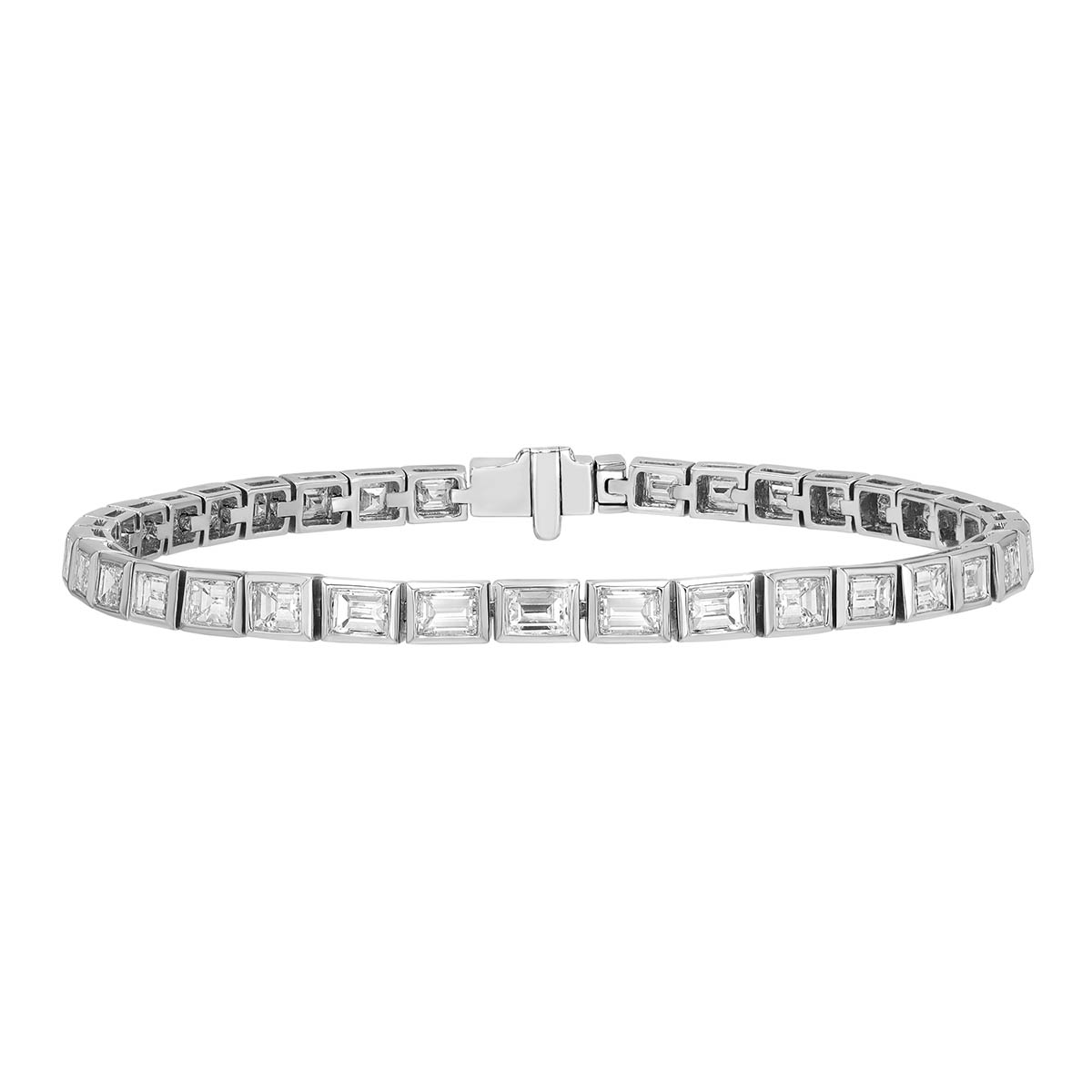 Bezel Set Emerald Cut Diamond Tennis Bracelet in White Gold, 6.60 cttw