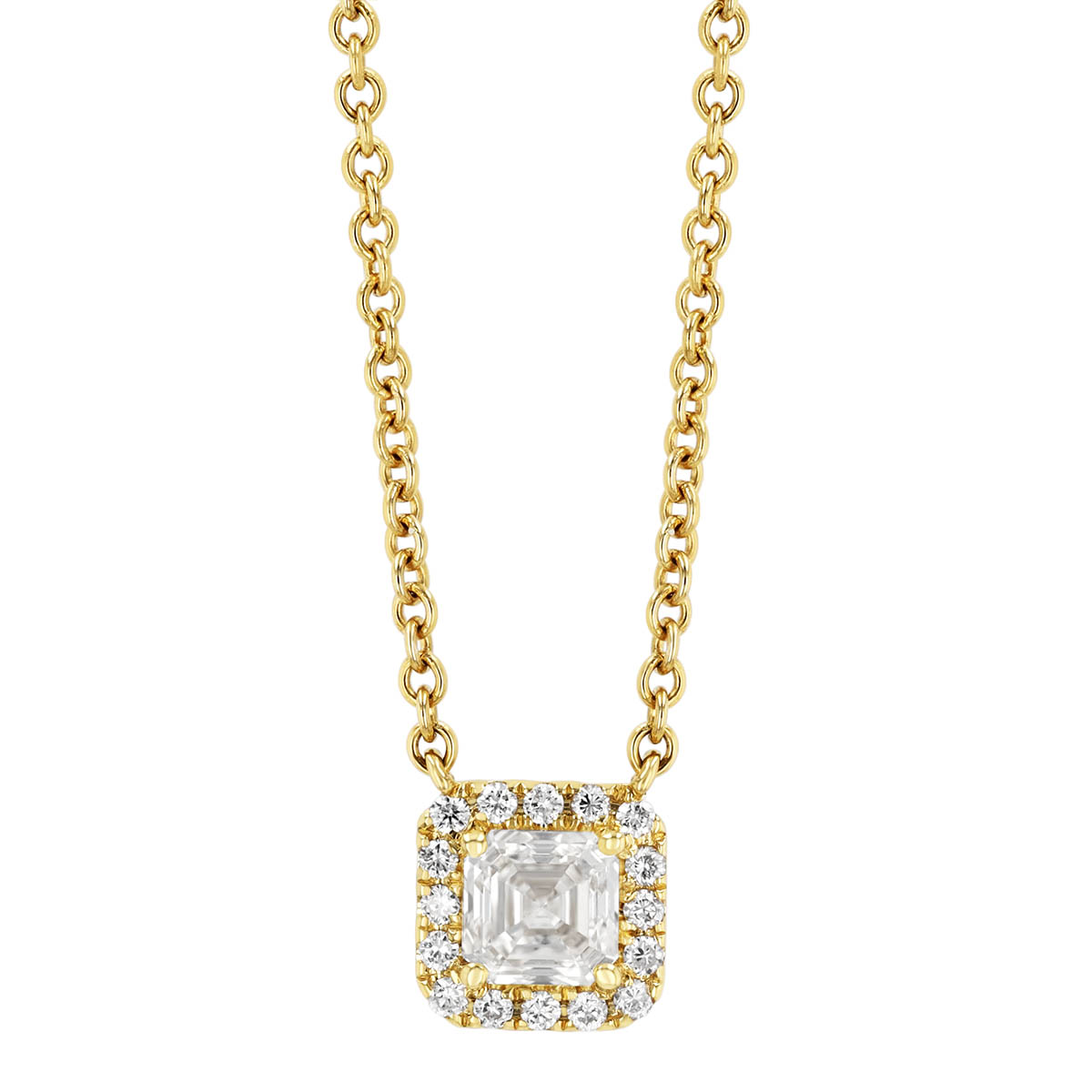 Assher Cut Diamond & Halo Pendant in Yellow Gold, 16