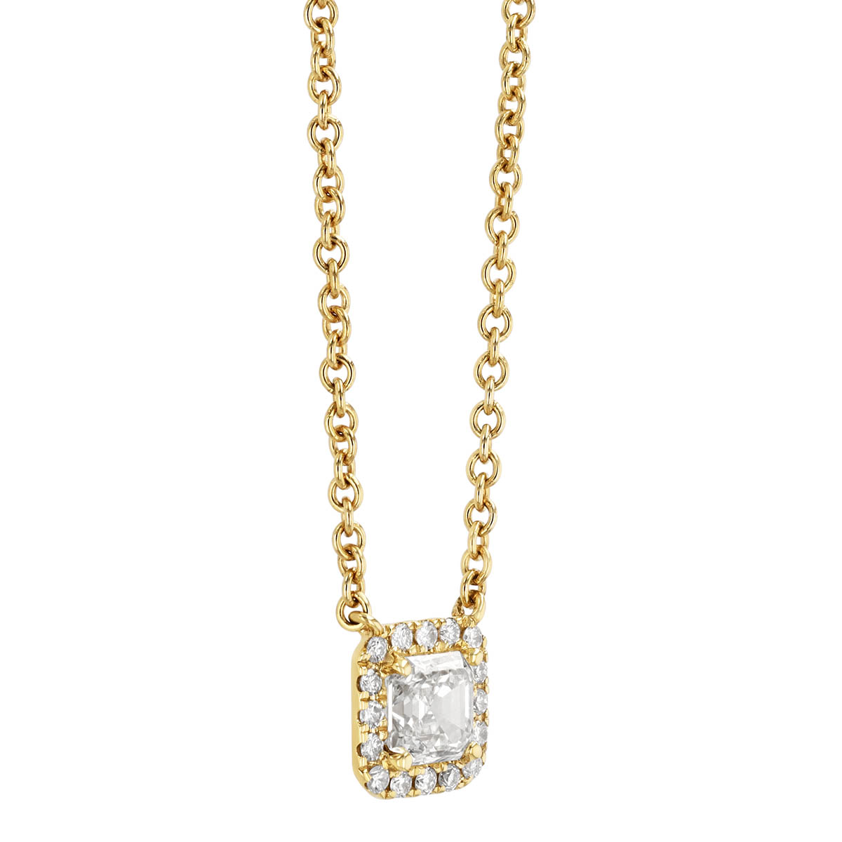 Assher Cut Diamond & Halo Pendant in Yellow Gold, 16